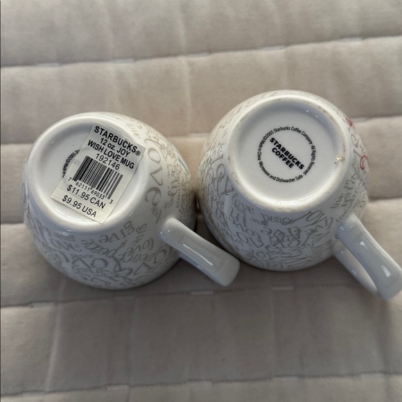 Starbucks Wish and Joy Ceramic Mugs - White with Red and Blue Accents Set of 2 - Picture 3 of 3